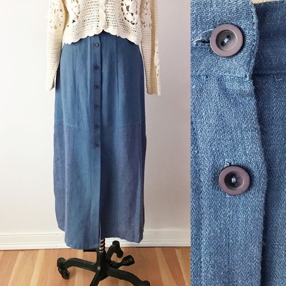 Blue Linen-Look Maxi Skirt Button Front High Waisted Side Slit‎ 4 - Picture 2 of 8